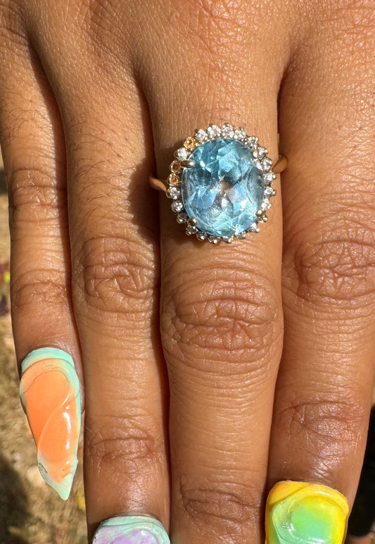 14K Blue Topaz + Natural Diamond ring (size 5.5)